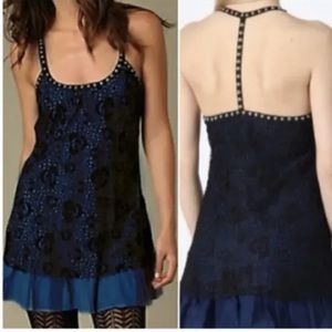 FREE PEOPLE BLACK & BLUE LACE STUDDED T-STRAP MINI DRESS SZ 8 NWOT $128
